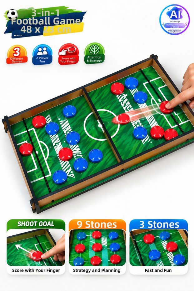 3in1 Shoot Goal Desktop Football Game 48X23 cm – Finger Goal Scoring for 2 Players, 9 Stones and 3 Stones, Attention and Strategy Enhancing Educational Game
