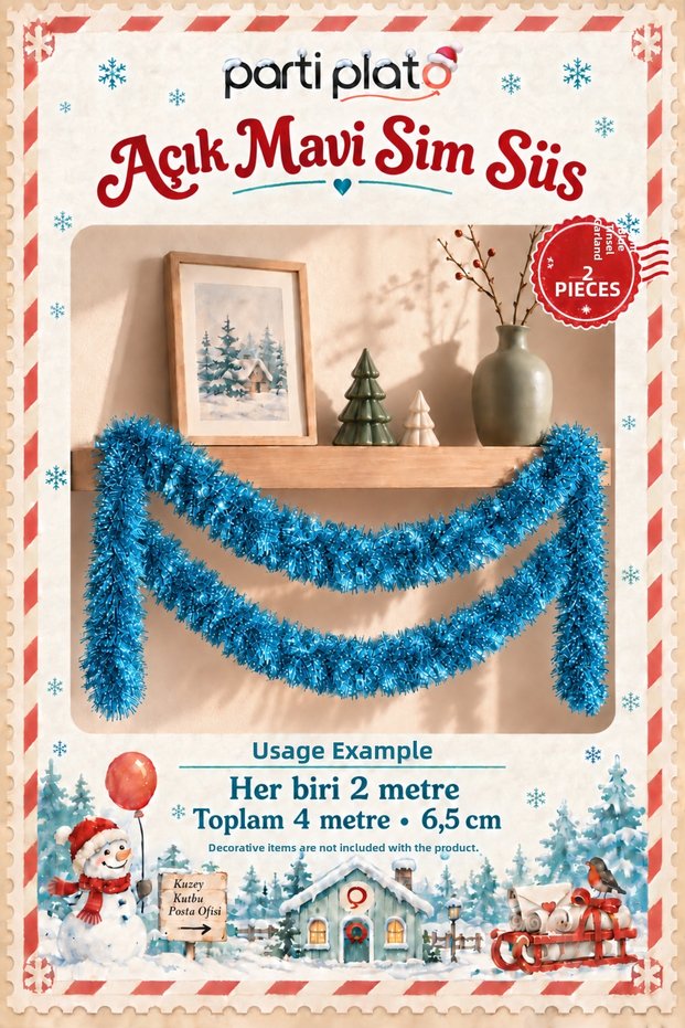 Light Blue Glitter Ornament 2 Pieces Each 2 Meters Total 4 Meters 6.5 cm Christmas Tree Decoration