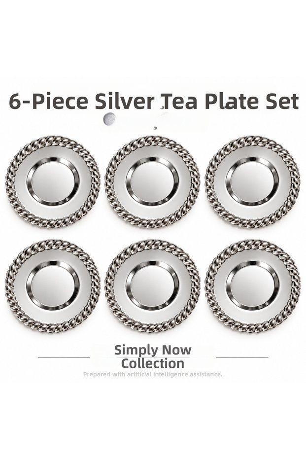 Premium 6 Piece Bracelet Tea Plate Set 12 cm Stainless Steel, Silver&Silver