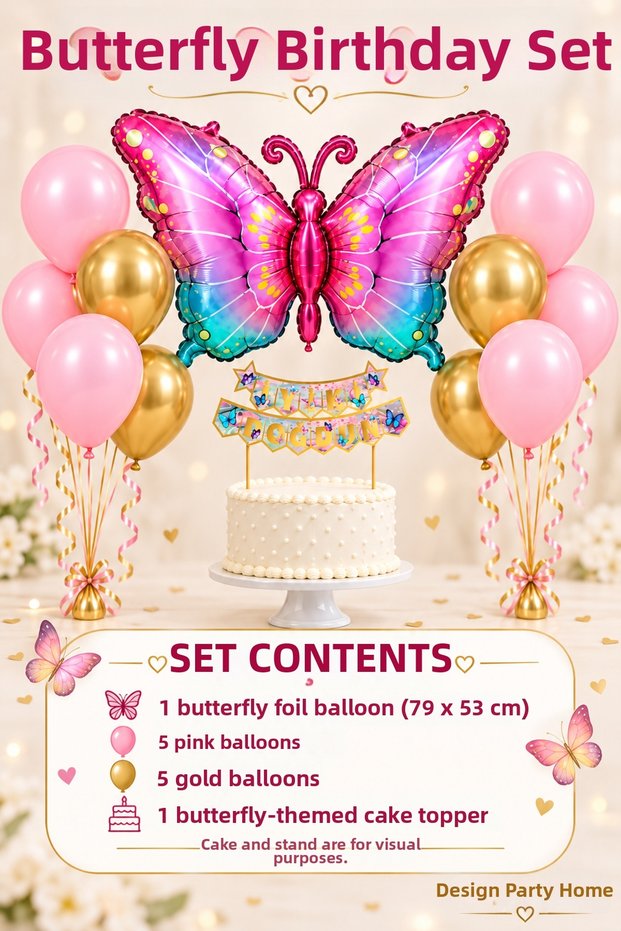 Butterfly Themed Birthday Decoration Set Pink Gold Balloon and Cake Topper