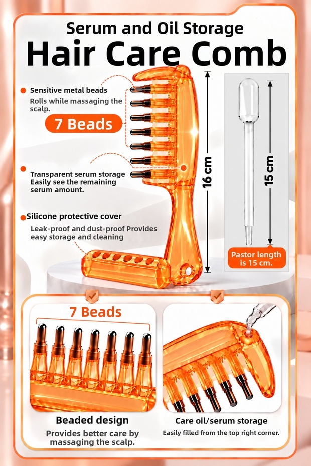 Transparent 7 Metal Tip Chambered Hair Serum and Care Oil Application Comb