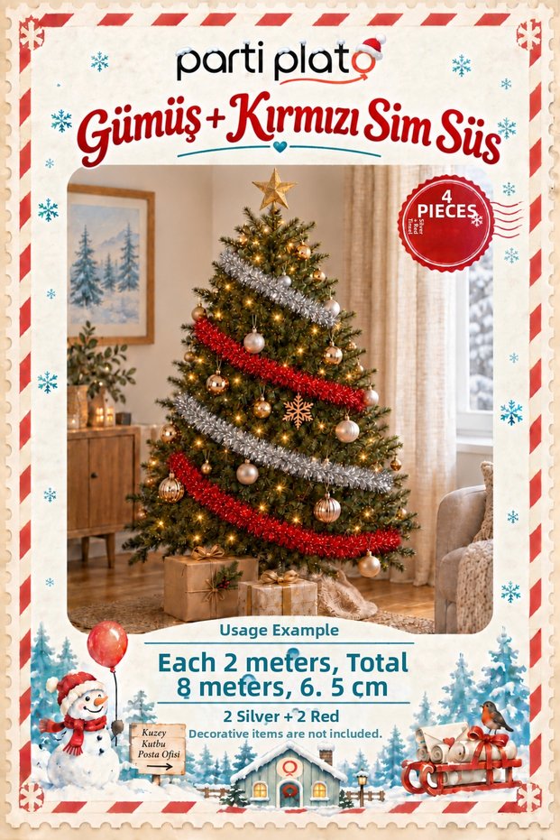 Silver and Red Glitter Ornament 4 Pieces 2 Meters Total 8 m 6.5 cm Christmas Tree Decoration