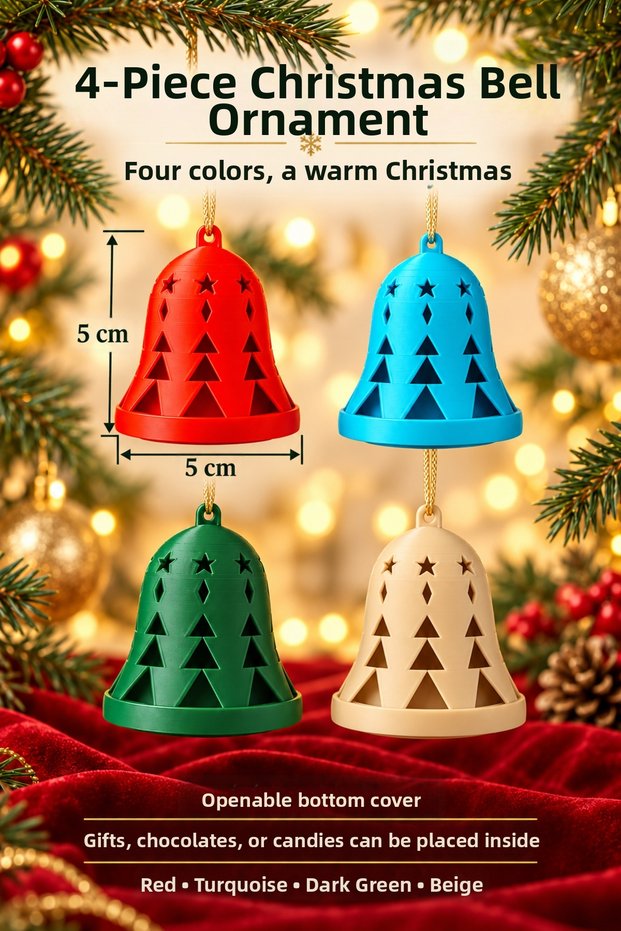4-Piece Christmas Tree Ornament Bell Set New Year Christmas Decoration Hard Plastic with Cover 5 cm