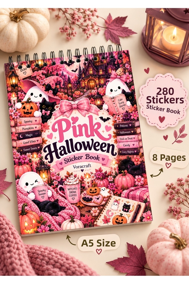 280 Pieces Halloween Pink Sticker Book 8 Sheets A5, Agenda Journal Scrapbook Planner Stb00004