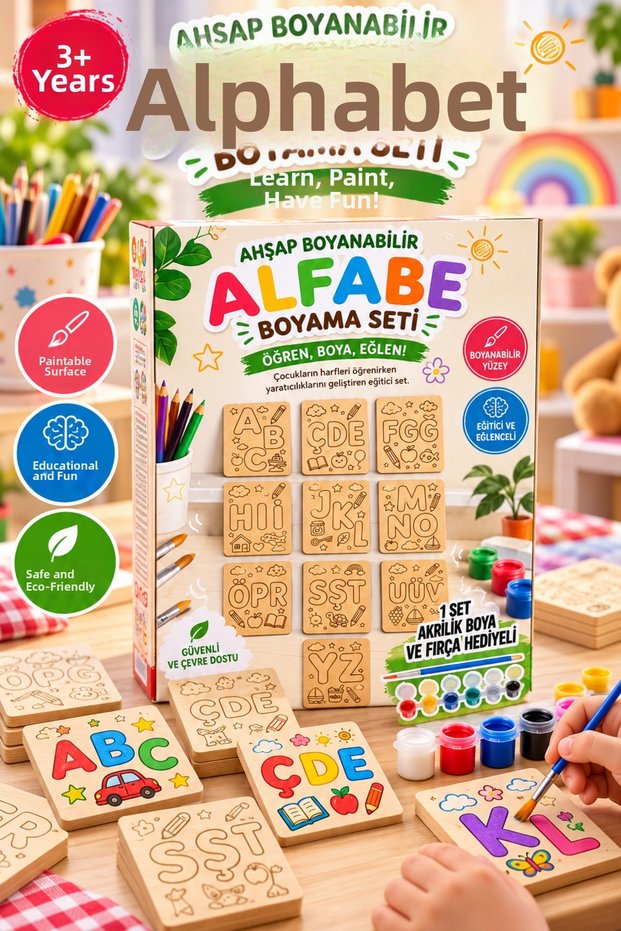Wooden Painting Set Turkish Alphabet 10 Pieces Mdf Letter Cards Acrylic Paint and Brush Ages 3+
