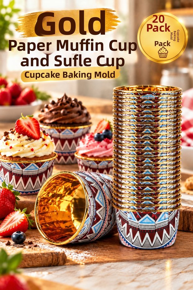Luxury Gold Inner Coated Paper Muffin and Cupcake Capsule Baking Mold 20-Pack