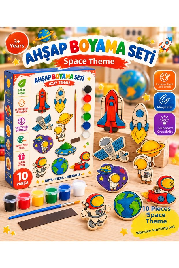 Wooden Painting Set Space Themed 10 Mdf Figures Acrylic Paint Brush and Tape 3+
