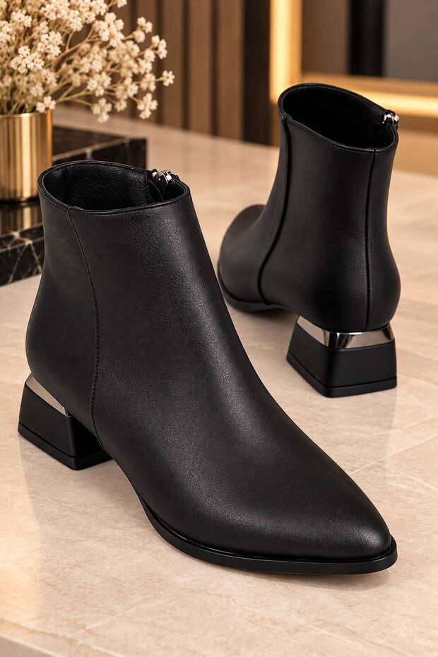 Black Leather Women's Heeled Flat Pointed Boots-Bootie Heel 4 cm