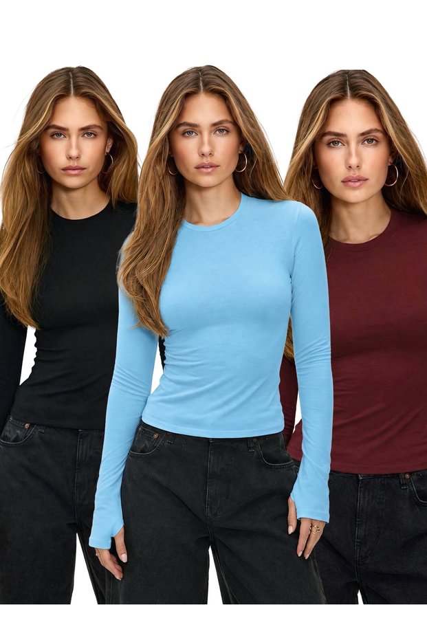 Women's Finger Detailed Bodysuit Set of 3 - Black Ice Blue Claret Red