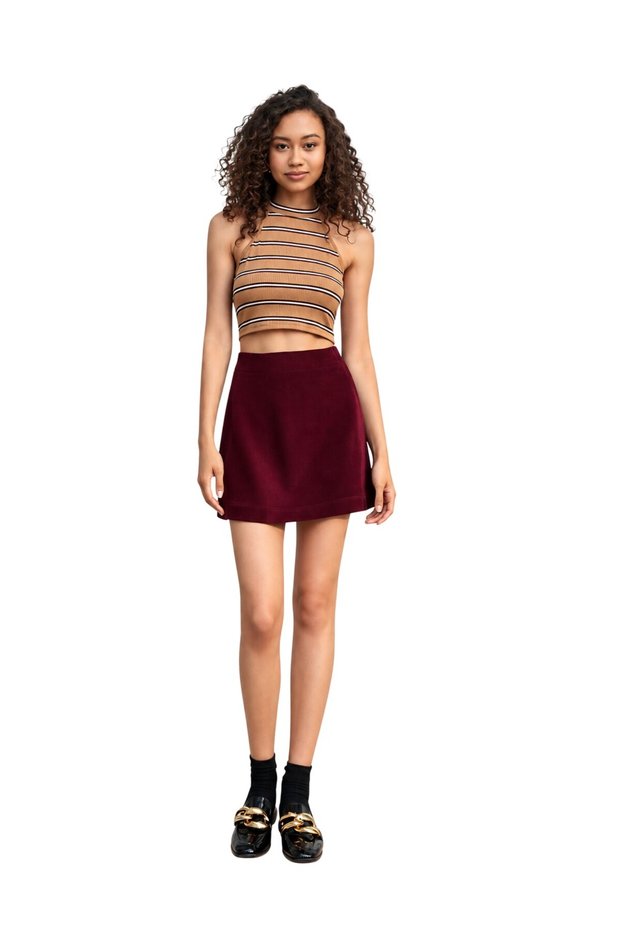 Vs-1001 Lexi Burgundy High Waist A-Line Velvet Mini Skirt