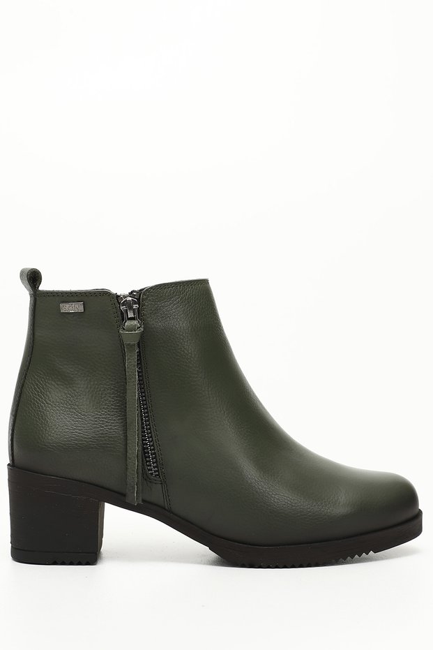 KHAKI FLOTER Gön Genuine Leather Round Toe Heeled Rubber Sole Zippered Women's Daily Boots 51460