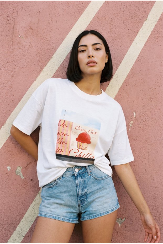 White Oversize Sweet Printed Crew Neck Basic Short Sleeve Women's T-Shirt