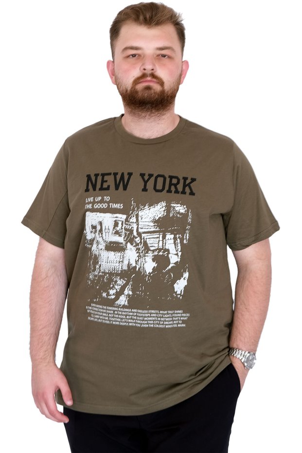 Fashion XL Large Size Men's T-Shirt Crew Neck New York U25036 Khaki
