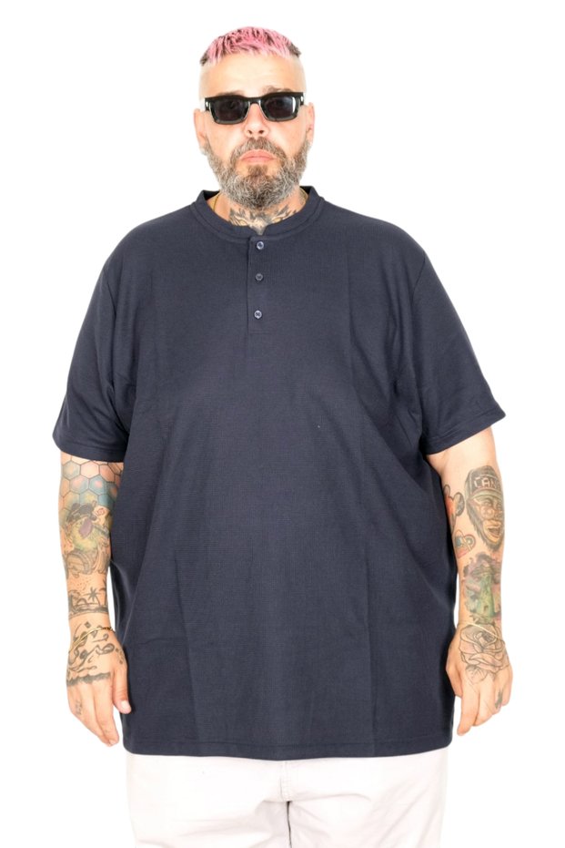 Mode XL Large Size Men's Judge Collar T-Shirt Waffle U20036 Navy Blue