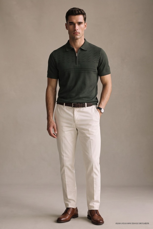 Men's Comfort Short Sleeve Khaki Knitwear Polo Collar T-Shirt