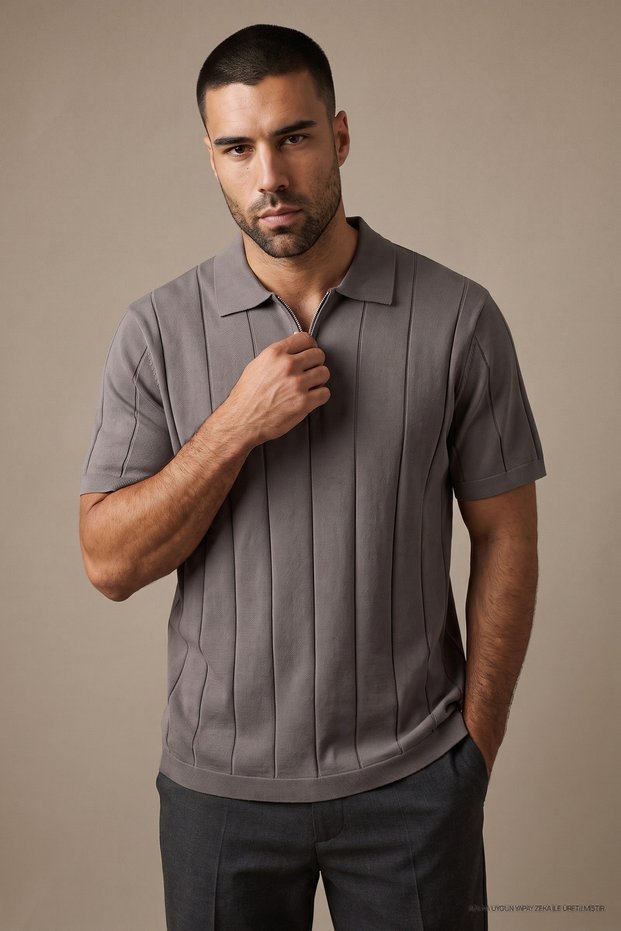Men's Casual Striped Zippered Gray Polo Knitwear T-Shirt