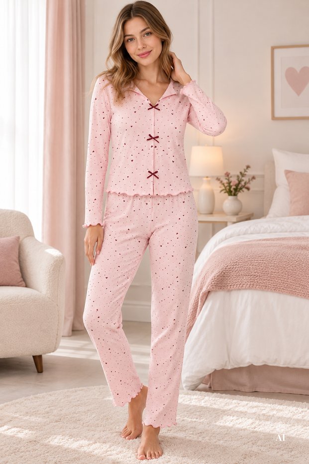 Women's Cotton Crisp Floral Print Baby Overlocked Bow Long Sleeve Pajama Set