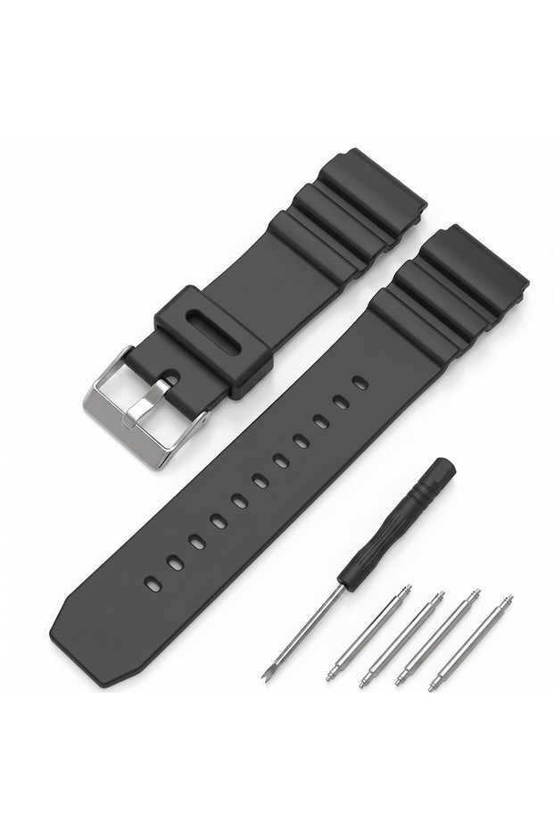 20mm black PU Watchband 18mm 20mm 22mm Men Black Sports Diving Watch Strap Silver Stainless Steel Bu