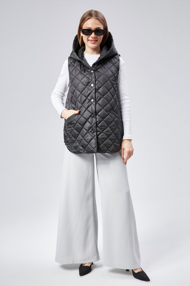 Women's Hooded Short Snap Fastener Inflatable Filling Vest