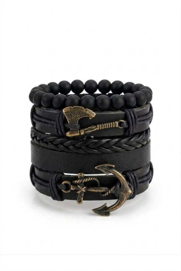 Anchor and Axe Design Antique Bronze Figured 5-Piece Genuine Leather Bracelet Real Leather Bracelet Men's Bracelet