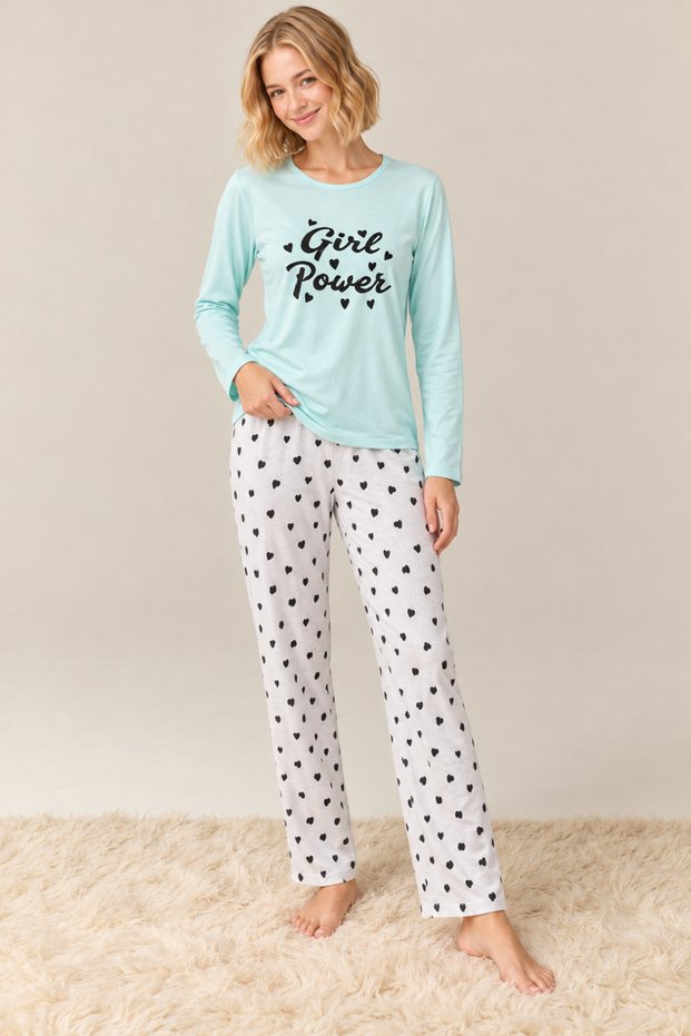 Women's Girl Power Printed Single Jersey Long Sleeve Pajama Set