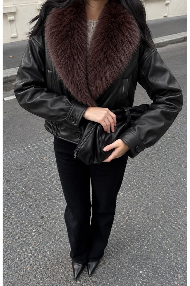 Double-Breasted Leather Coat with Fur Collar - Black | F2050 - Black