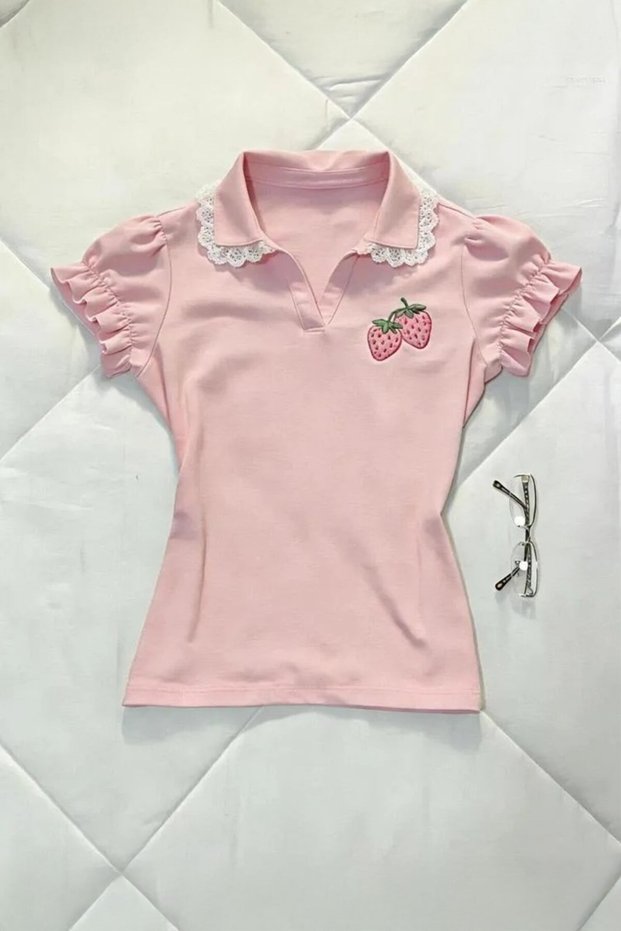 Pink Strawberry Lace Collar Y2K Short Sleeve Crop