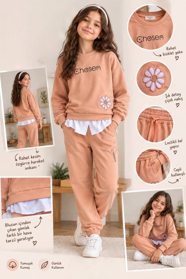 Girl's Chosen Lettered Floral Printed Two-Piece Tracksuit Set