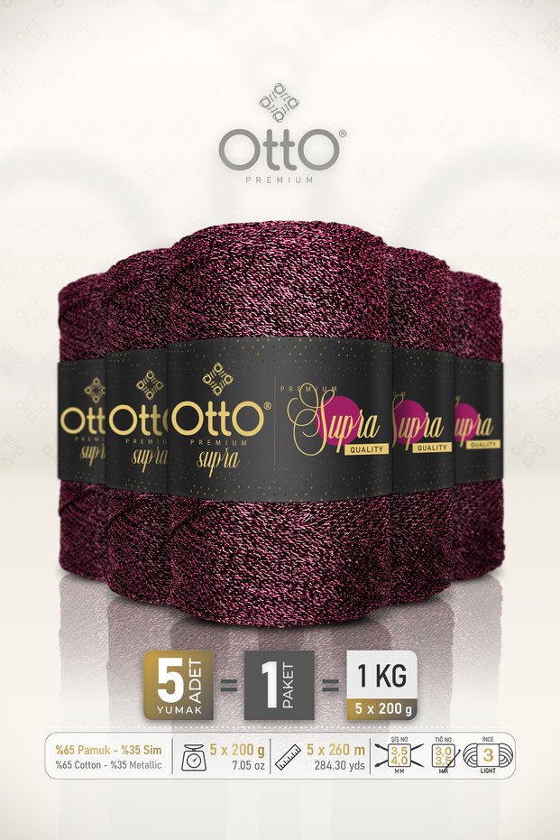 Premium Supra • Dried Rose • 5-Pack × 200 Gr / 260 m • 3 mm • Glittery, Shiny Thread • Bag, Accessories, Macrame