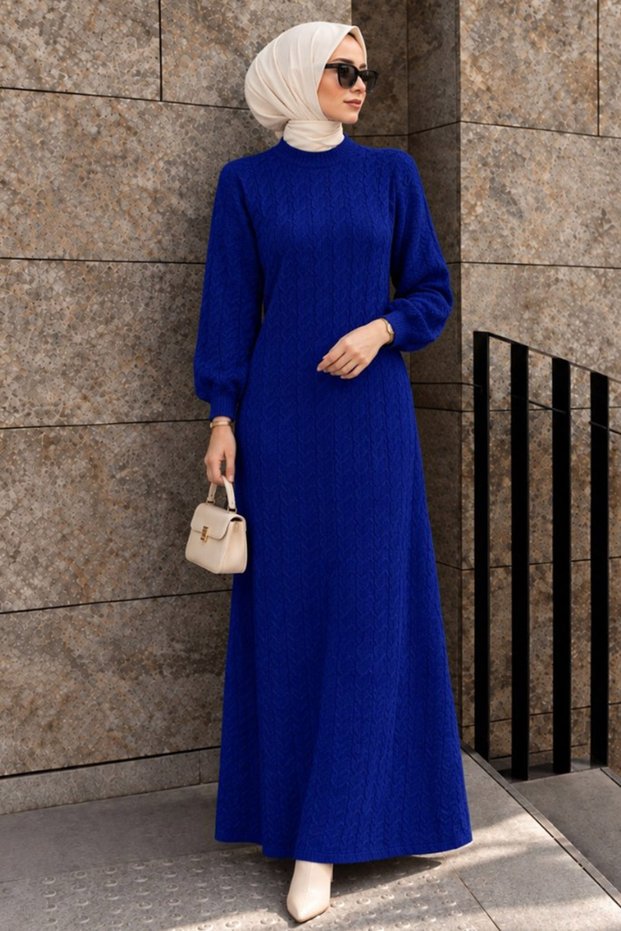 Hair Braid Patterned Saks Blue Hijab Knitwear Dress 30312Sx