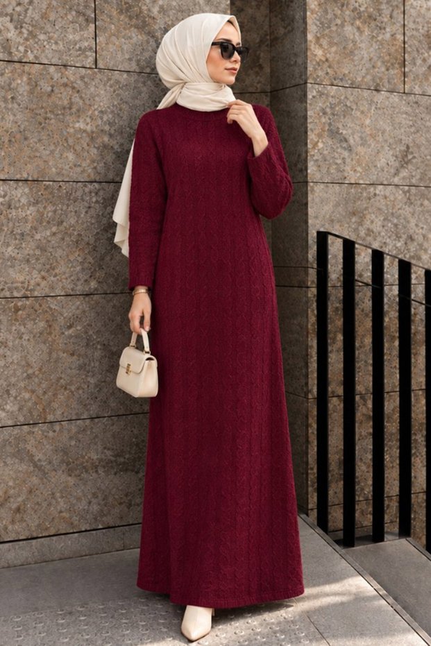 Hair Braid Patterned Cherry Hijab Knitwear Dress 30312Vsn