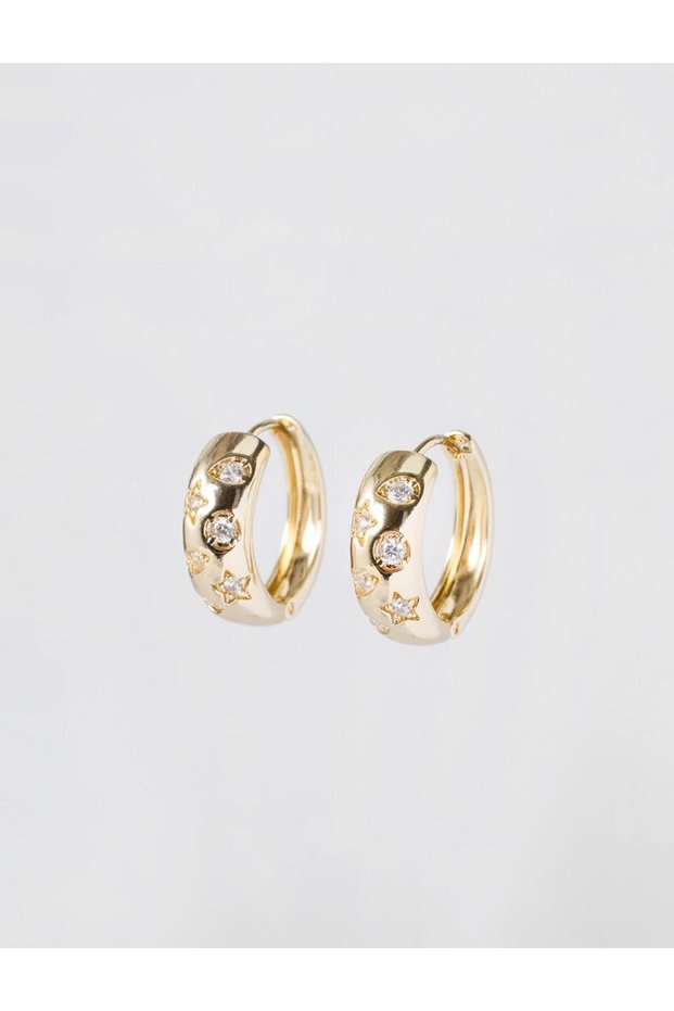 Gold Color Star Motif Stone Detailed Curved Hoop Earrings