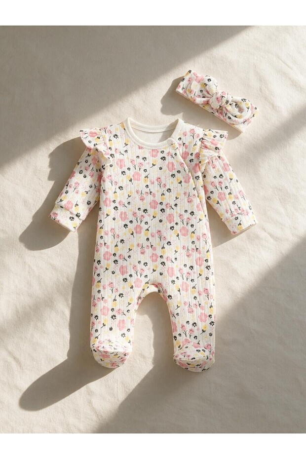 Floral Patterned Baby Girl Jumpsuit with Booties and Bandana