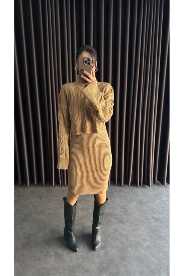 Women's High-Neck Knitted Motif Crop Sweater and Dress Set Biscuit