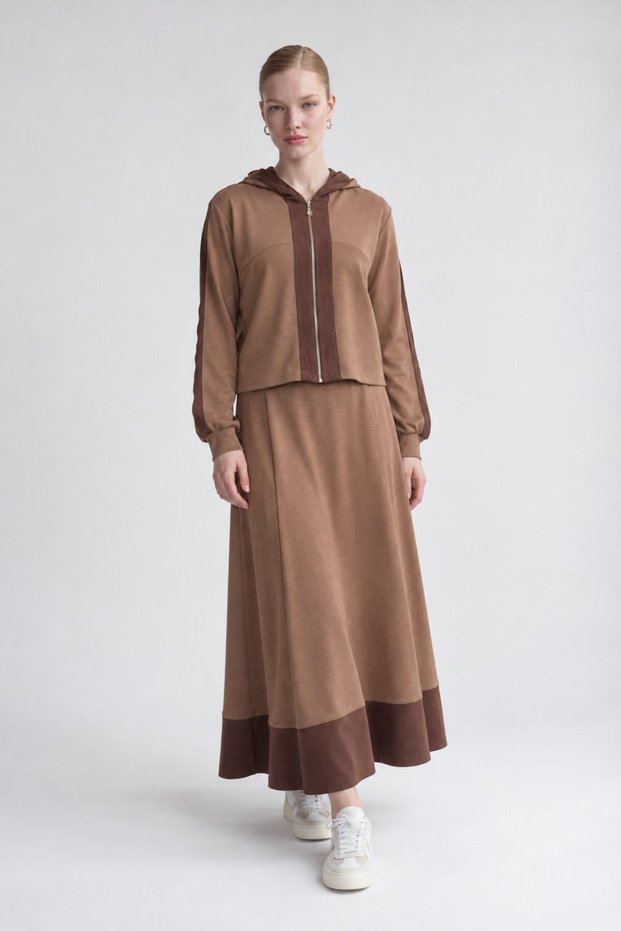 Short Cardigan Zipper Closure Skirt Set Mink