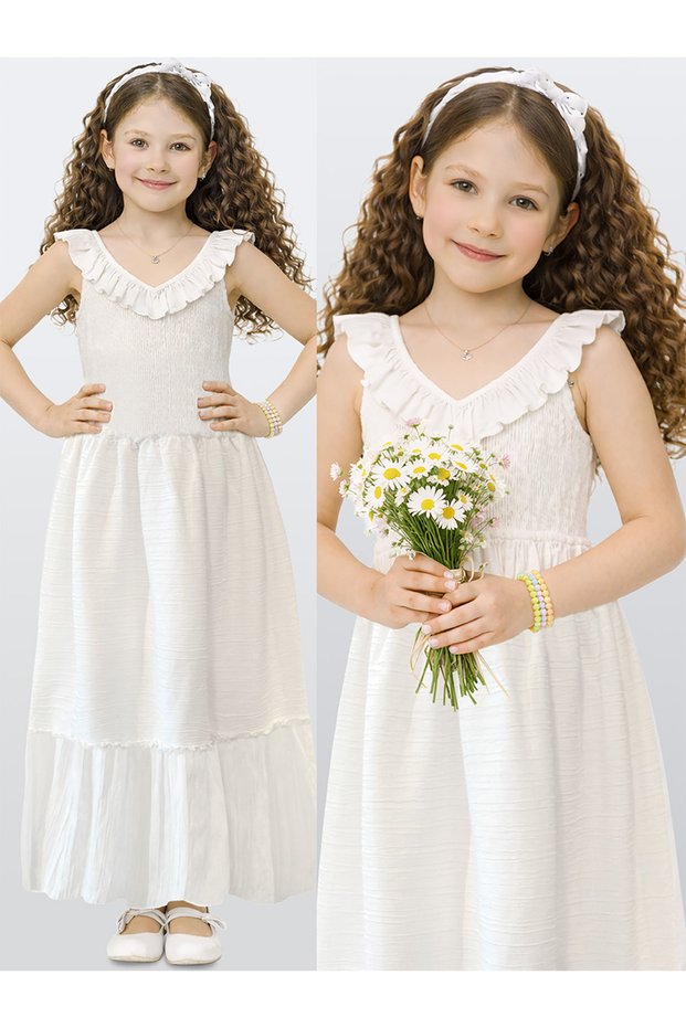 Girl's White Long Dress Long Length Ruffle Summer Dress 4-10 Years Old