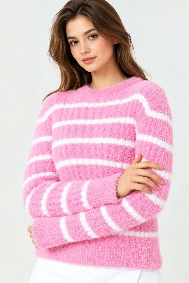 New Product Women's Striped Soft Textured Crew Neck Long Sleeve Knitwear Sweater