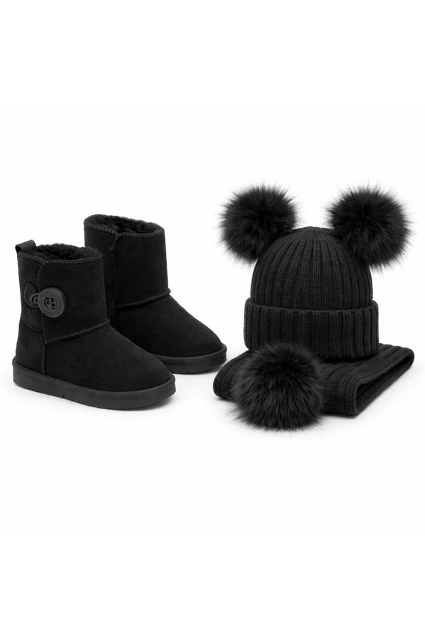 Black Pompon Scarf Beanie and Fur-Lined Boots Suede Boots (if You Have Heavy Fur Inside, Go up One Size)