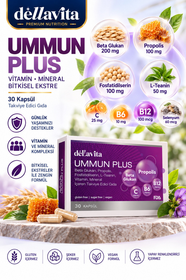 Dellavit Ummun Plus – Beta Glucan 200 Mg, Propolis 100 Mg, Phosphatidylserine 100 Mg, L-Theanine 50 Mg, Vitamins C, B6, B12, and Selenium | 30 Capsules