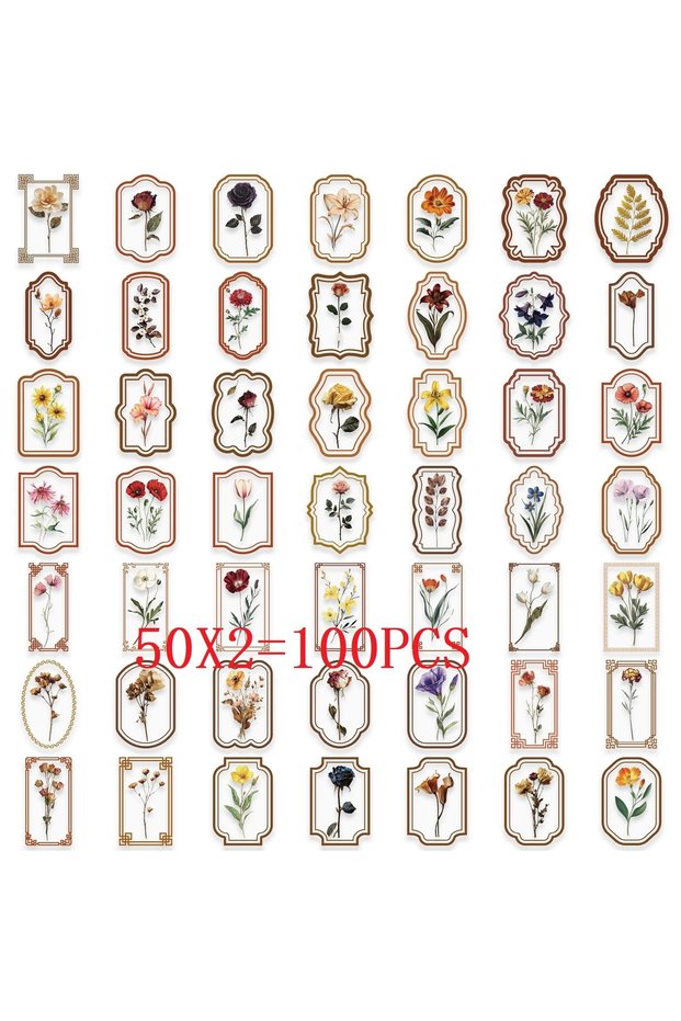 100pcs 50/100PCS Retro Plant Sticker Pack Waterproof Transparent PET Stationery Box Pen Holder Glass