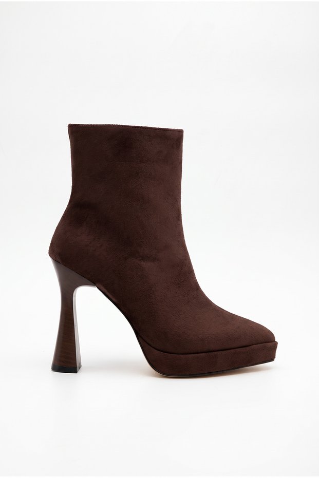 Women's Platform Heeled Pointed-Toe Front-Stitched Zippered Brown Suede Boots (12 cm Heel)