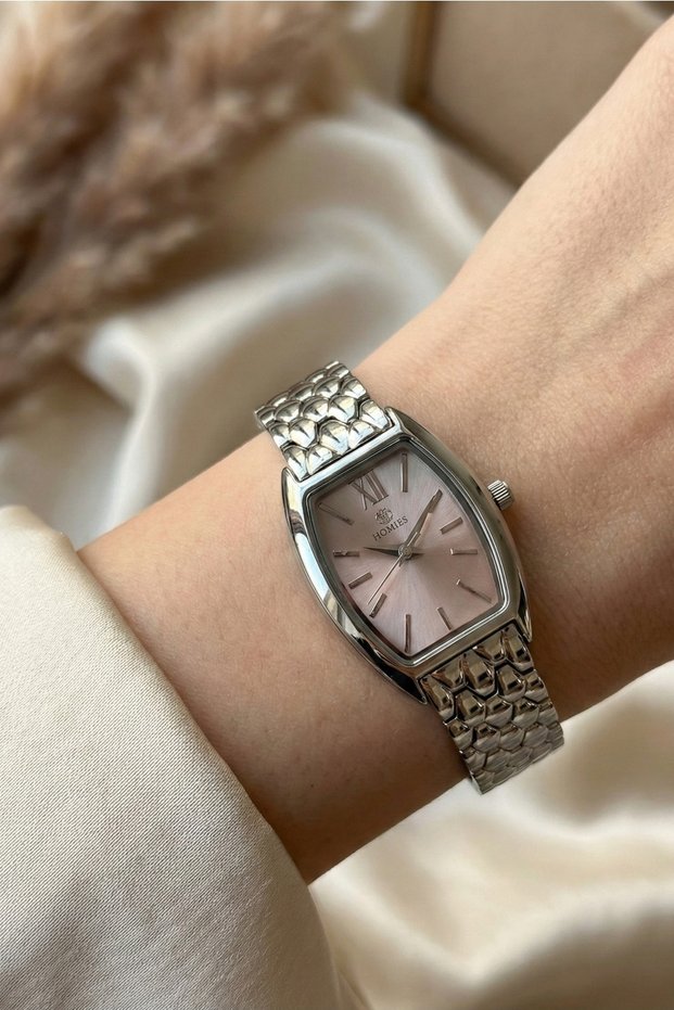 Women's barrel case pink dial silver metal strap wristwatch - gift