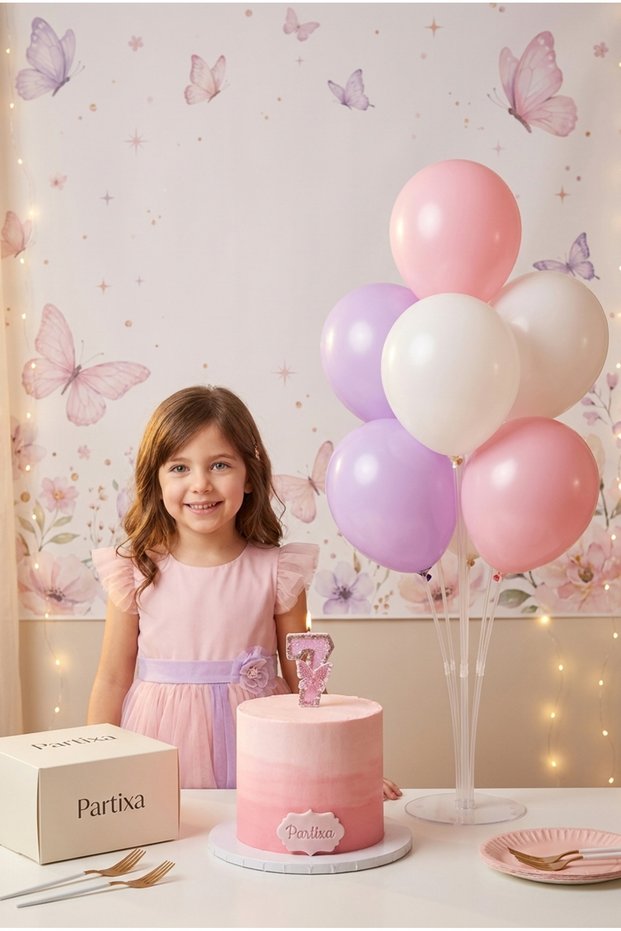 Sparkling Pink Stone Butterfly Number Cake Candle & Balloon Stand Set - Princess Concept Birthday Decoration