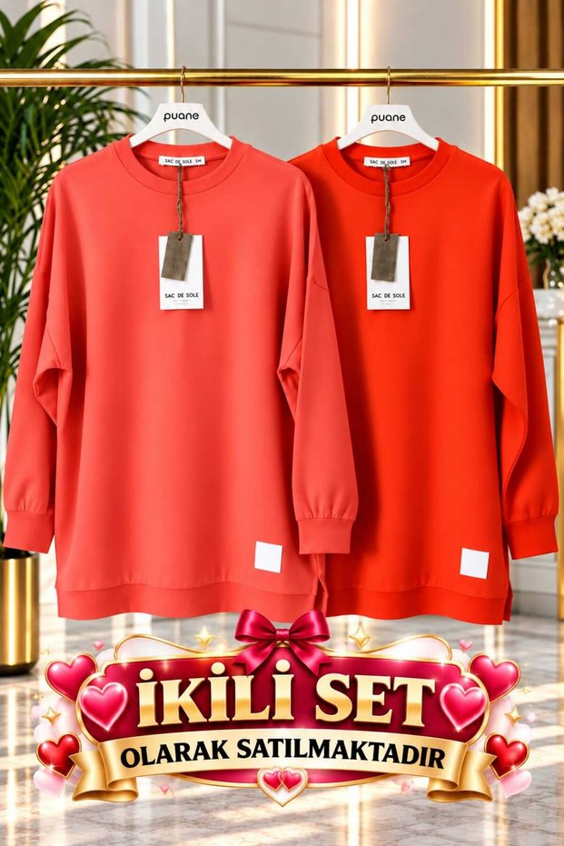 Tunic Tesettür Tunic Tesettür Clothing Women's Two Yarn Basic Set of 2 Coral + Pomegranate Flower Colored