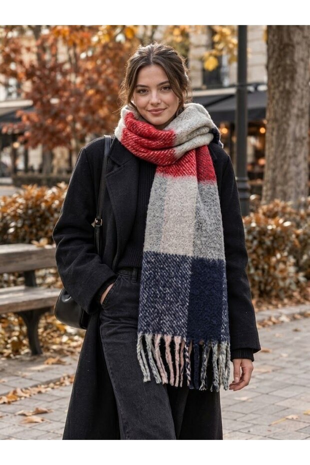 Women's Premium Soft Plaid Square Patterned Boucle Soft Textured Long Tassel Winter Shoulder Women's Shawl Scarf