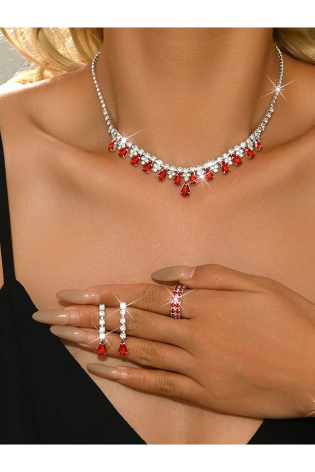 Red Drop Stone Custom Made Necklace Earring Set