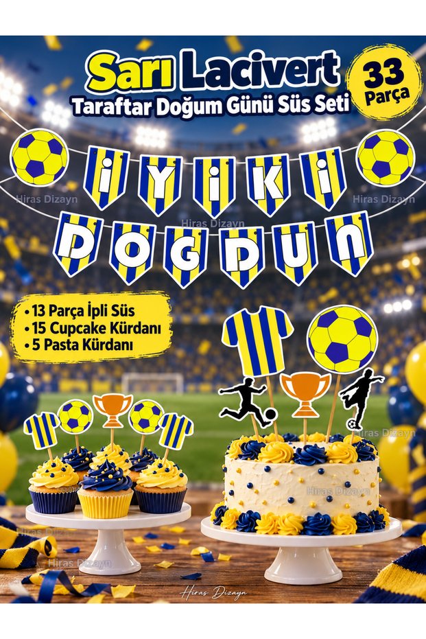 Dogustan Fanatik 32 Piece Yellow Navy Blue Birthday Set Banner Cake Toothpick Cupcake Decoration Set Cocktail Toothpick Promise Engagement Birthday Cocktail Invitation and Presentation Cake Decoration Ornament Thick Paper