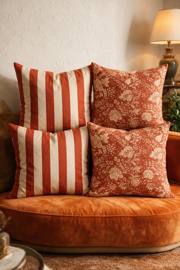 Terracotta Tile Striped and Floral Patterned 4-Piece Cushion Cover Set 43X43 cm Double-Sided Suede