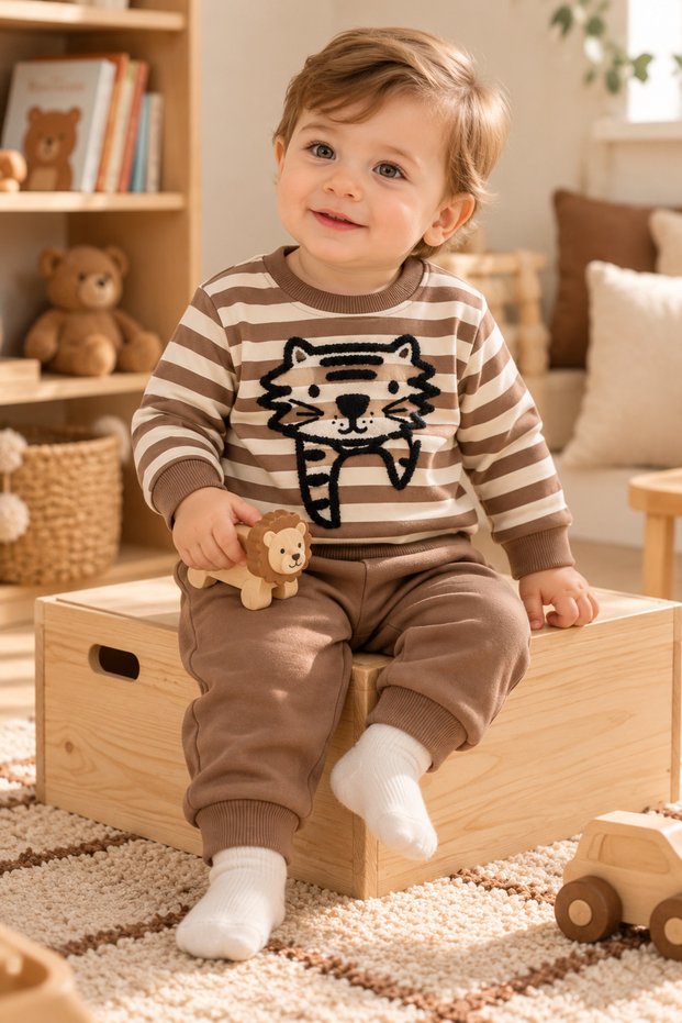 Baby Boy Süzene Embroidered Striped Seasonal Top and Bottom Set