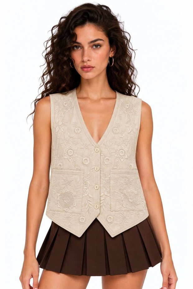 Beige Women's V-Neck Floral Embroidered Buttoned Linen Vest with Pocket Detail